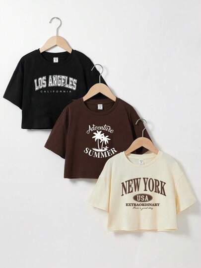 SHEIN EZwear 3 件装休闲纯色校园风椰子树印花圆领短款宽松女式短袖 T 恤，适合夏季