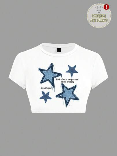 SHEIN ICON Áo crop top ngắn tay in hình ngôi sao đơn giản dành cho nữ, mùa hè