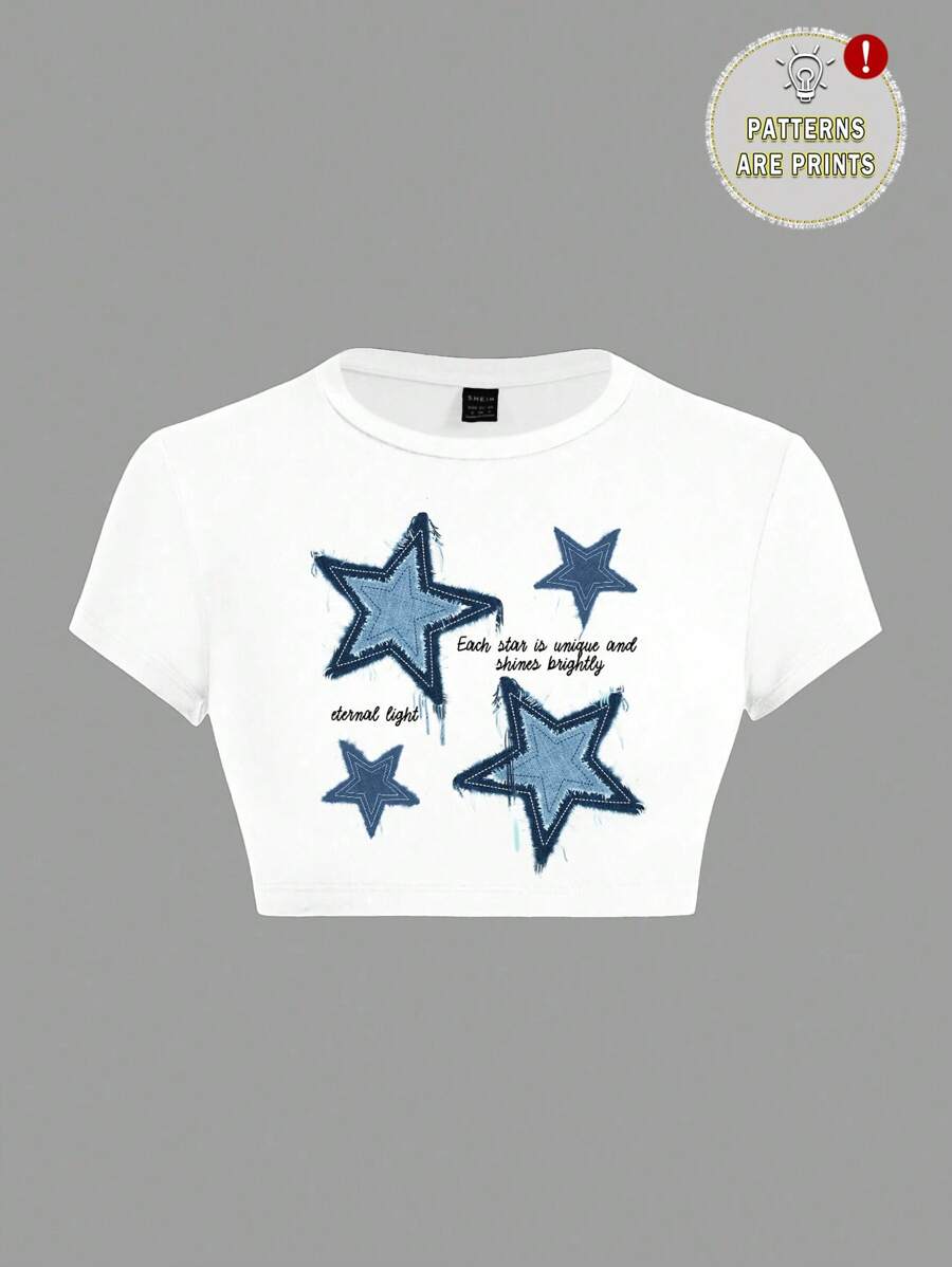 SHEIN ICON 女士休闲简约星星印花圆领短袖短款上衣，夏季 - 白色 - 查看 1