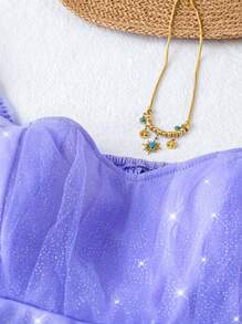 Flirla 大码女式婚礼宾客亮片网眼腰部 3/4 袖连衣裙