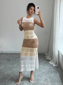 Elenzga Fashionable Sleeveless Hollow Out Crew Neck Knit Dress For Women