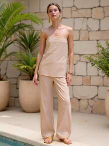 Charllene Santos ملابس علوية أنيق كاكي فاتح، بتصميم بسيط، منسدل من الكتفين، قابل للتعديل، بربطة على الرقبة والظهر، مناسب للمهرجانات - كاكي - مشاهدة 7