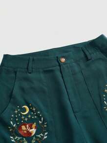 ROMWE Fairycore 女士 Fox Cottagecore 刺绣亚麻长裤 - 墨綠色 - 查看 2