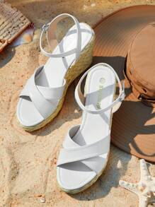 Styleloop Beige Woven Rivet Retro Thick Sole Sandals, Thick Sole Beach Shoes, Slip-On, Summer - White - View 4
