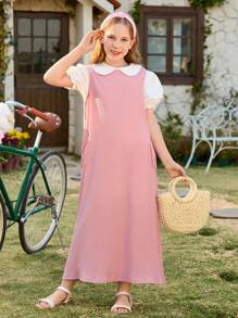 SHEIN Conjunto formal de 2 piezas: Camisa blanca con cuello Peter Pan y mangas abullonadas + Vestido maxi rosa con textura y bolsillo para niñas, primavera/verano - Multicolor - Ver 5