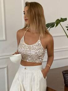 DAZY Vacation Spring And Summer Sequin Short Fitted Camisole Women's Cami Top Prom Dress,Halter Top Club Outfit