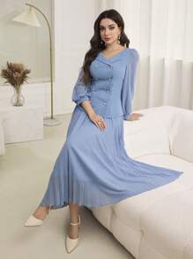 Modelyn 2pcs Women's Lantern Sleeve Double-Breasted Top And Pleated Skirt Set