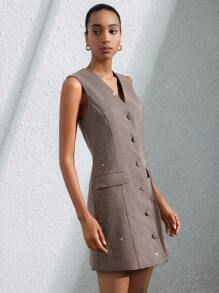 SHEIN Privé Vintage braunes Gelddesign Minimalist Silberfaden Check Stoff V-Ausschnitt Klappe Tasche ärmellos Kleid mit Weste Feeling - Gelb - Übersicht 4