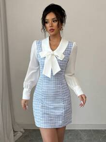 Elenzga Contrast Color Panel Bow Decor 2 In 1 Elegant & Romantic Women Dress Fall Cloth For Women - Blue - View 5