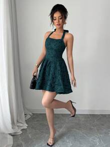 Elenzga Strapless Cinched Waist A-Line Backless Jacquard Elegant Romantic Women Dress
