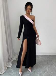 Selianne 不对称肩部双色褶皱腰部开叉优雅浪漫女式连衣裙 - 黑色 - 查看 1