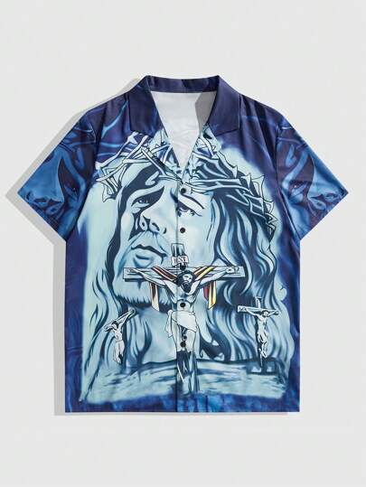 Street Life Camicia casual da uomo a maniche corte con bottoni sul davanti e stampa grafica