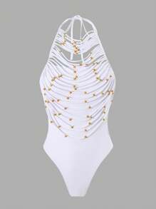 Swim Chiccia Bộ đồ bơi liền thân hở cổ màu trắng đính hạt tua rua trang trí cho kỳ nghỉ xuân, phong cách lễ hội Boho, kỳ nghỉ hè ở bãi biển - trắng - Xem 8