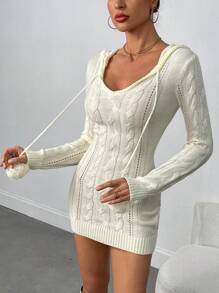 INAWLY Solid Color Knit Long Sleeve Dress, Minimalist Style For Daily & Casual Wear Fall Cloth For Women - Beige - View 5