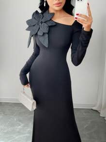 Modelyn Vestido de manga larga elegante de unicolor con aplicación floral y cuello asimétrico para mujer - Negro - Ver 6