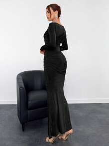 Aloruh Women Sparkly Ruched Wrap Khaki Gold Knit Bodycon Mermaid Maxi Party Dress - Black - View 2