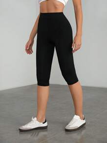 SHEIN Tall 女士针织休闲简约黑色高腰紧身七分打底裤 - 黑色 - 查看 4