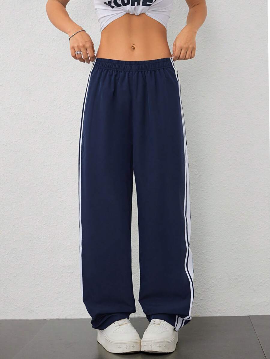 SHEIN PETITE Women's Fall Streetwear Basic Lightweight Woven Tape Contrast Stripe Elastic Waistband Comfy Athletic Navy Blue Wide Leg Mid Rise Straight Leg Pants With Side Stripes Baggy Joggers - Navy Blue - View 1