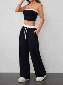 SHEIN PETITE Conjunto de dos piezas para mujer de verano: top tubo sexy de bloques de color + pantalones de cintura alta con cordones