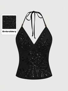 ROMWE Fairycore Vintage Sequin Floral Vine Embroidered Open Back Tank Top - Black - View 1