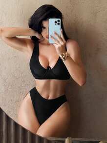 Swim SXY 常规女士纯色钢圈休闲两件套吊带比基尼套装，春假夏季海滩度假装，节日波西米亚风 - 黑色 - 查看 3