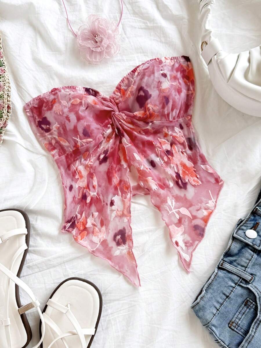 Soleia 舒适的假日露肩上衣，纹理面料，印花图案，适合度假、约会、情人节下午 - 彩色 - 查看 1