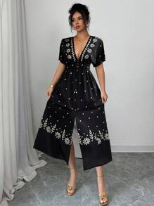 Chiquease Abito casual con scollo a V e spacco, stampato, elegante e alla moda, adatto all'uso quotidiano per le donne - nero - Visualizzare 1