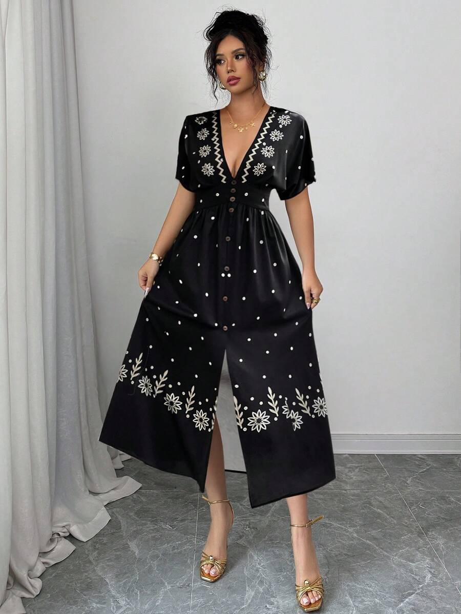 Chiquease Abito casual con scollo a V e spacco, stampato, elegante e alla moda, adatto all'uso quotidiano per le donne - nero - Visualizzare 1