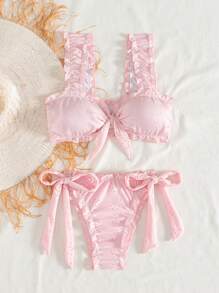 Swim Mod Women's Cute Solid Color Closely Fitted Knot Front Bikini Set, For Summer Beach Vacation - Pink - View 5