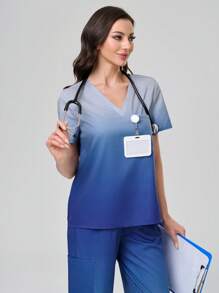TaskEZ 渐变色 V 领短袖上衣（带口袋和裤子）/护理服套装
