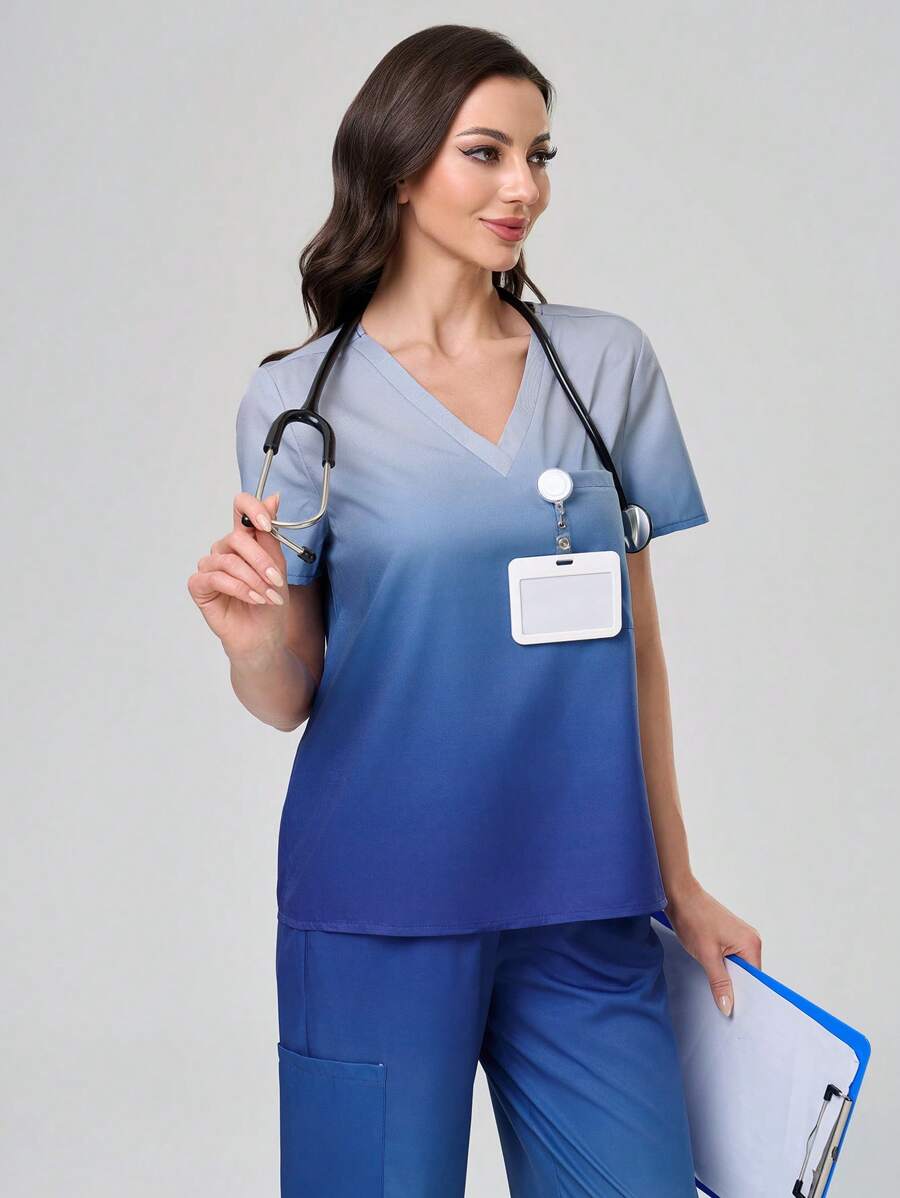TaskEZ 渐变色 V 领短袖上衣（带口袋和裤子）/护理服套装