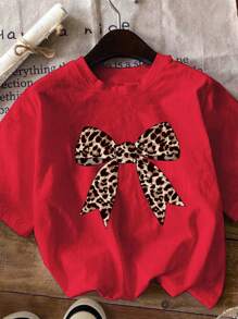 SHEIN 年轻女孩豹纹蝴蝶结印花 T 恤 - 紅色 - 查看 3