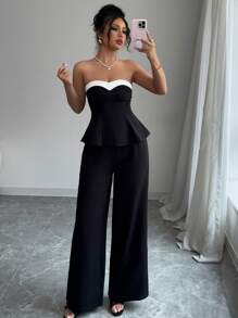 xheElenzga Set de 2 piezas de top tubo y pantalones de pierna ancha de color contrastante para mujerxhe - Negro - Ver 3