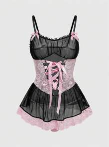 ROMWE Kawaii Lace & Mesh Contrast Ruffle Halter Tied Waist Sexy Dress - Multicolor - View 1