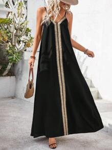 Breezaya Solid Color Spaghetti Strap V-Neck Ribbon Splice Casual Holiday Dress For Women