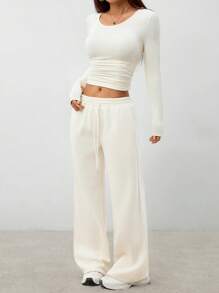 SHEIN PETITE Women's Solid Color Round Neck Long Sleeve Simple Top And Pants Casual 2 Pieces Set - Apricot - View 5