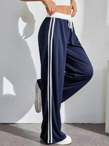 SHEIN PETITE Low-Rise Black And White Contrasting Letter Print Trousers - Navy Blue - View 6