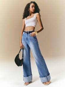 Poéselle Jeans rectos de ajuste delgado de denim azul para mujer, atuendos de verano para mujer, jeans holgados para mujer, atuendos para salir, estilo de los 2000