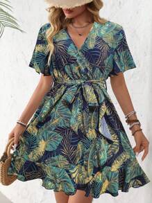 Breezaya Vestido con estampado dálmata, mangas mariposa, volantes, borde envolvente con cinturón para vacaciones y playa para mujeres