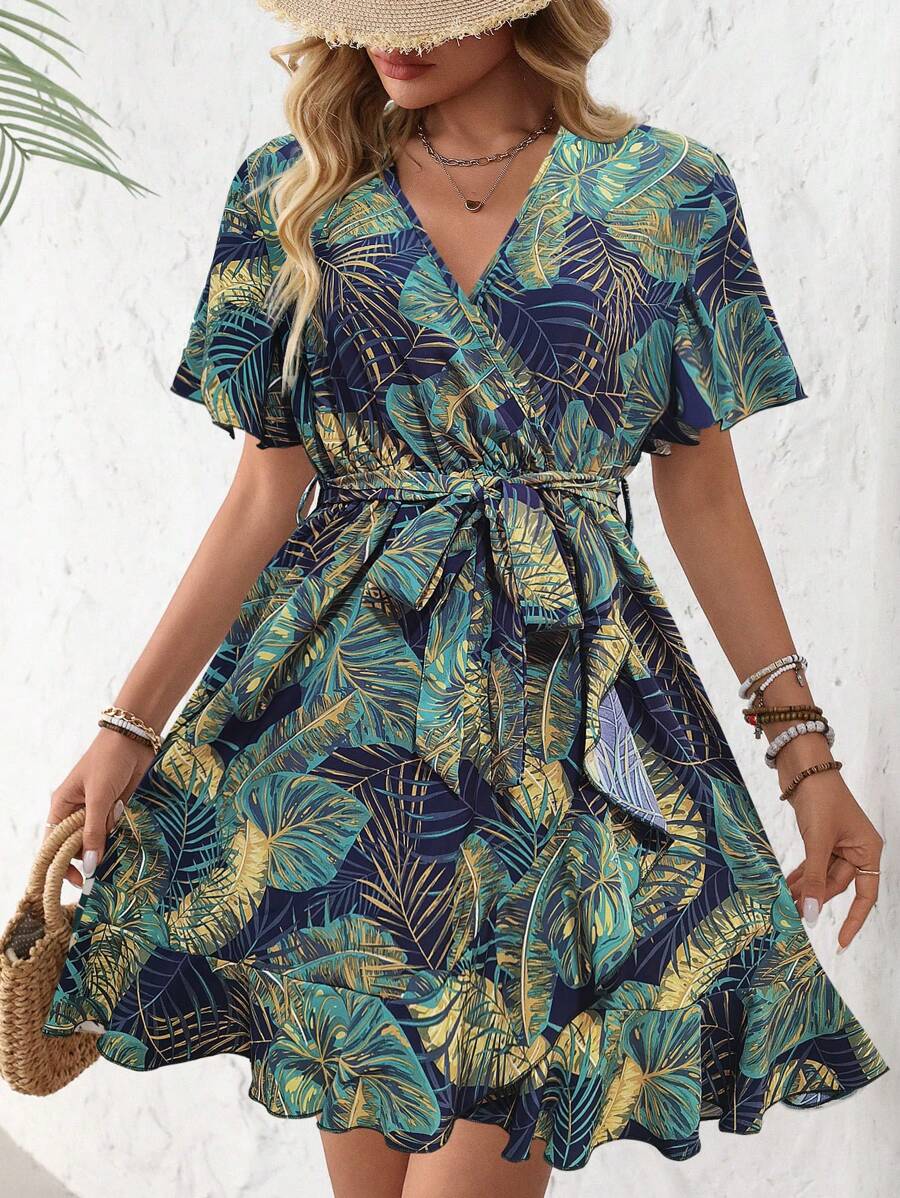 Breezaya Vestido con estampado dálmata, mangas mariposa, volantes, borde envolvente con cinturón para vacaciones y playa para mujeres