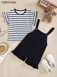 SHEIN Explorewe 2 件/套女孩休闲学院风荷叶边袖条纹 T 恤搭配纯色背带裤，适合春夏日常穿着