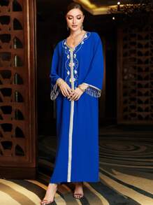Al Najma Handmade Navy Blue Beaded Dress Kaftan Jalabiya Dress - Royal Blue - View 4