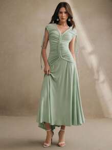 Anewsta Women's Rope Knitted V-Neck Ruched Waist Dress, Fashionable Outfits For Festival, Going Out, Vacation, Spring/Summer - Green - View 4