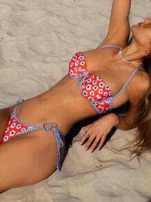 Swim Vcay Springbreak Women Multicolor Random Print Push-Up Side Tie Cute Bikini Set, Festival Boho For Summer Beach Vacation - Multicolor - View 4