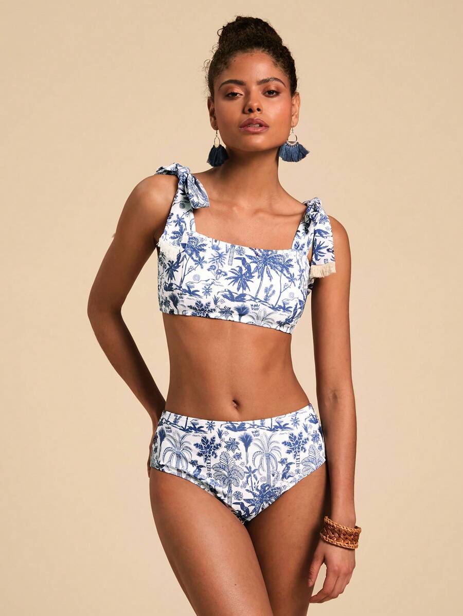 Travachic Coconut Tree Print Swimwear Bikini Set, For Vacation & Summer Beach - Blue and White - View 1