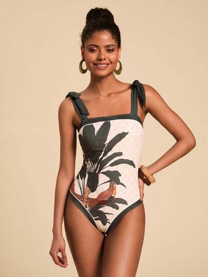 Travachic Traje de baño de una pieza con tirantes anudados con estampado tropical, ideal para vacaciones de verano en la playa