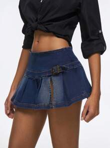 Easelle 2025 New Arrival Summer Women's Vintage Short Denim Skirt With Button Closure, Pleated Hem & Side Slit - Dark Wash - View 6