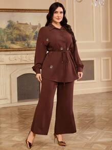 Mulvari 2pcs/Set Women Plus Size Rhinestone Floral Print Long Sleeve Shirt And Pants Suit - Brown - View 3
