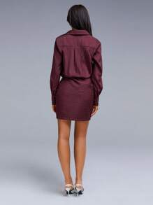 Athîral 女式条纹长袖褶皱休闲衬衫裙 - 酒紅色 - 查看 5