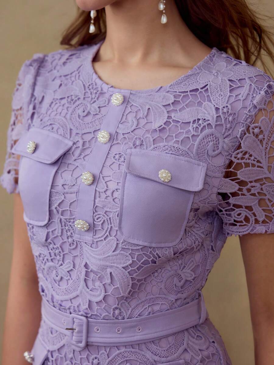 MOTF PREMIUM GUIPURE LACE POCKET PATCHED DRESS - Purple - View 2